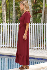 Winifred Maxi Dress - V Neck Button-Front A Line Dress with Flutter Sleeves in Wine