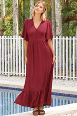 Winifred Maxi Dress - V Neck Button-Front A Line Dress with Flutter Sleeves in Wine