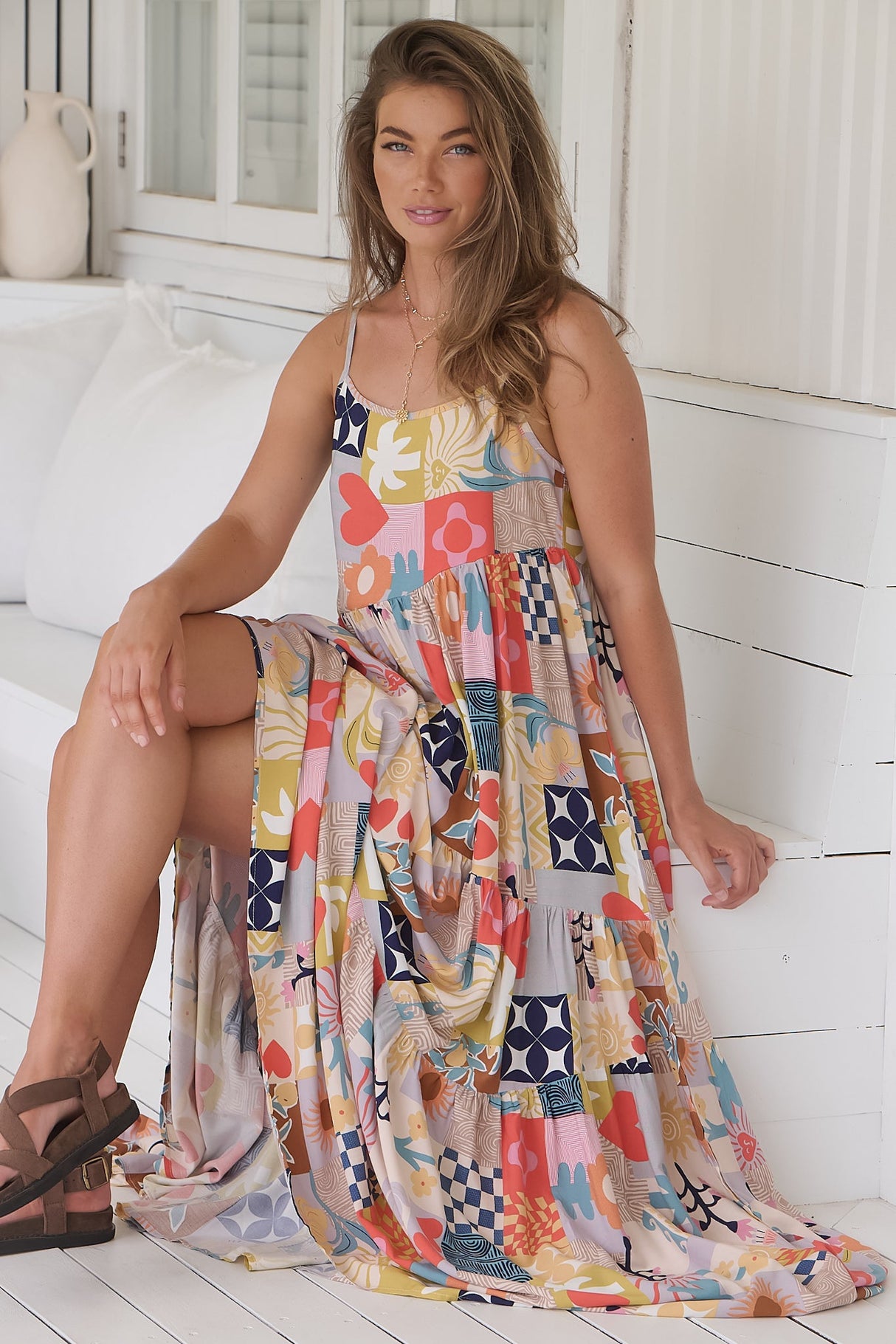 JAASE - Winona Maxi Dress: Spaghetti Strap Tiered Dress in Daisy Days Print