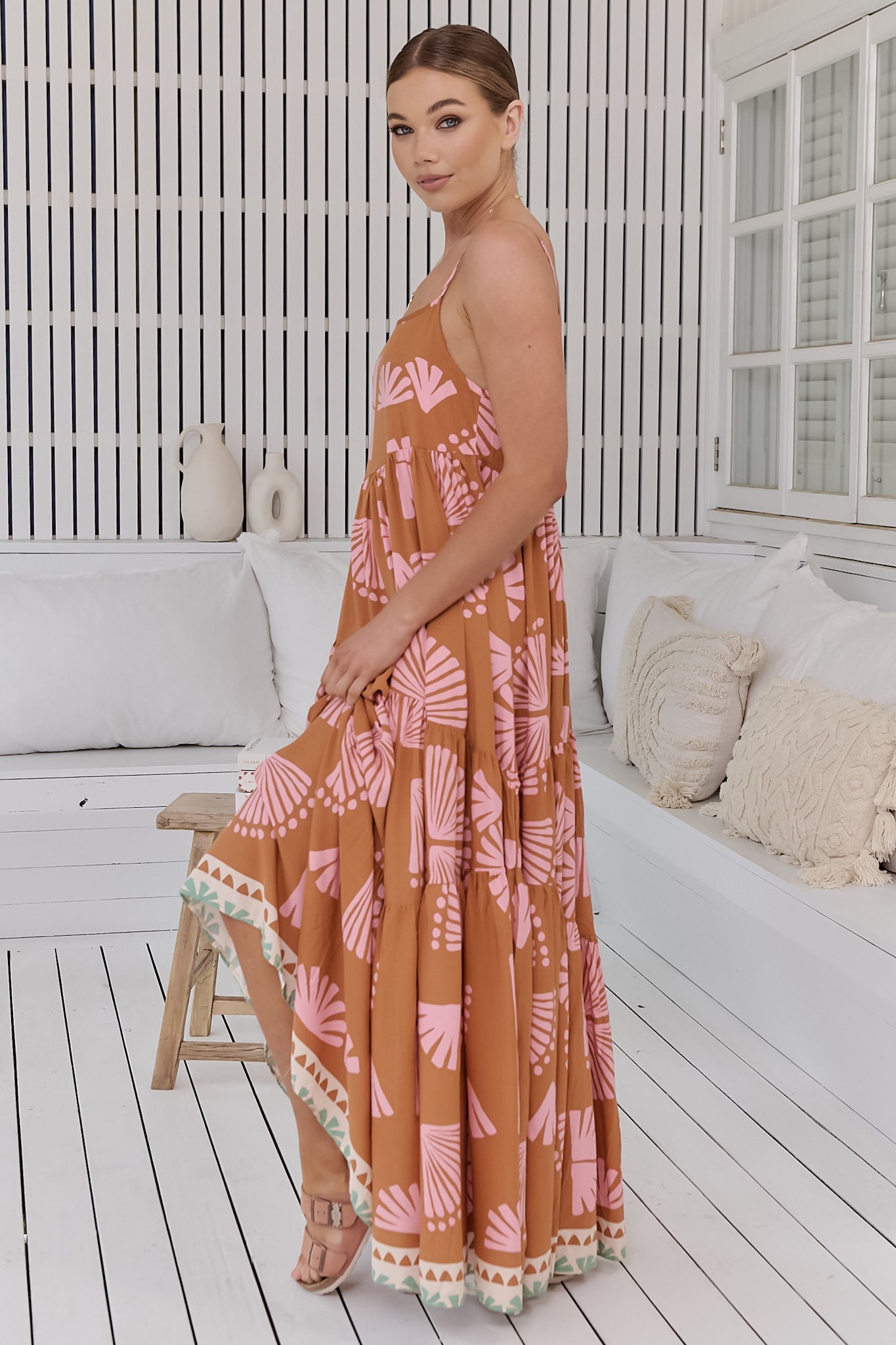 JAASE - Winona Maxi Dress: Spaghetti Strap Tiered Dress in Suga Print