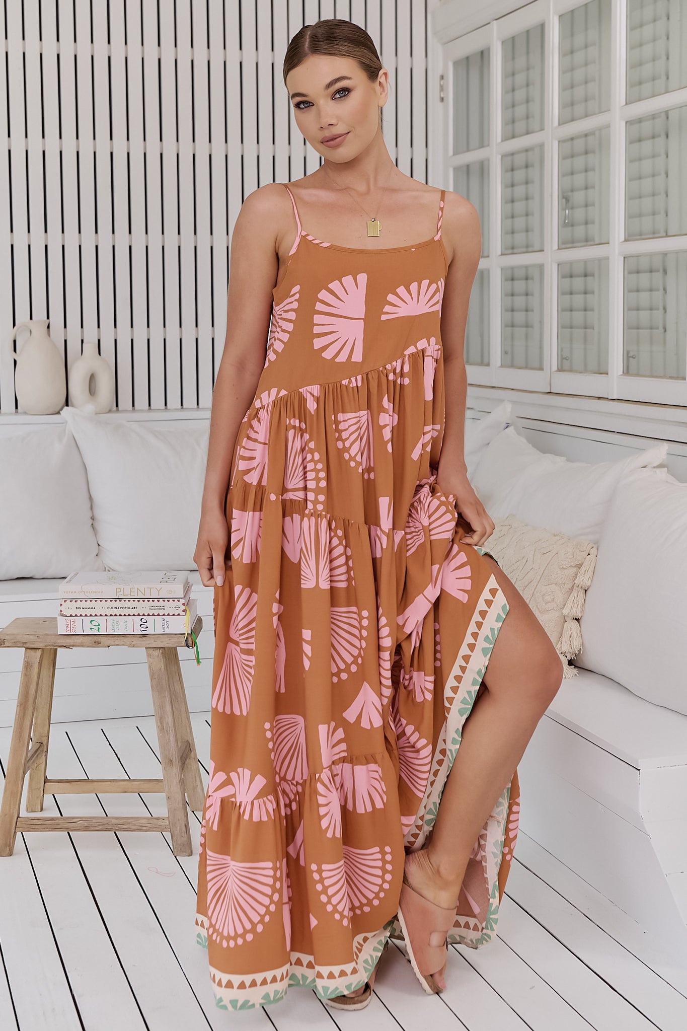 JAASE - Winona Maxi Dress: Spaghetti Strap Tiered Dress in Suga Print