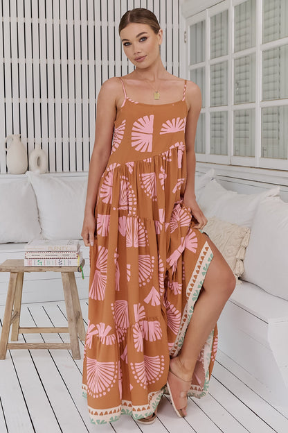 JAASE - Winona Maxi Dress: Spaghetti Strap Tiered Dress in Suga Print