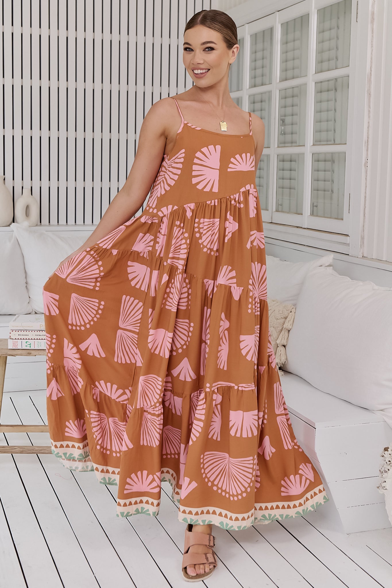 JAASE - Winona Maxi Dress: Spaghetti Strap Tiered Dress in Suga Print