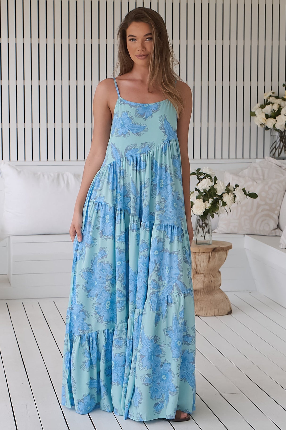 JAASE - Winona Maxi Dress: Spaghetti Strap Tiered Dress in Summer Song Print