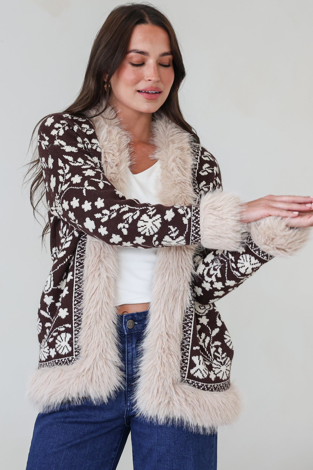 Wolfe Jacket - Faux Fur Trim Open Knit Jacket in Chocolate