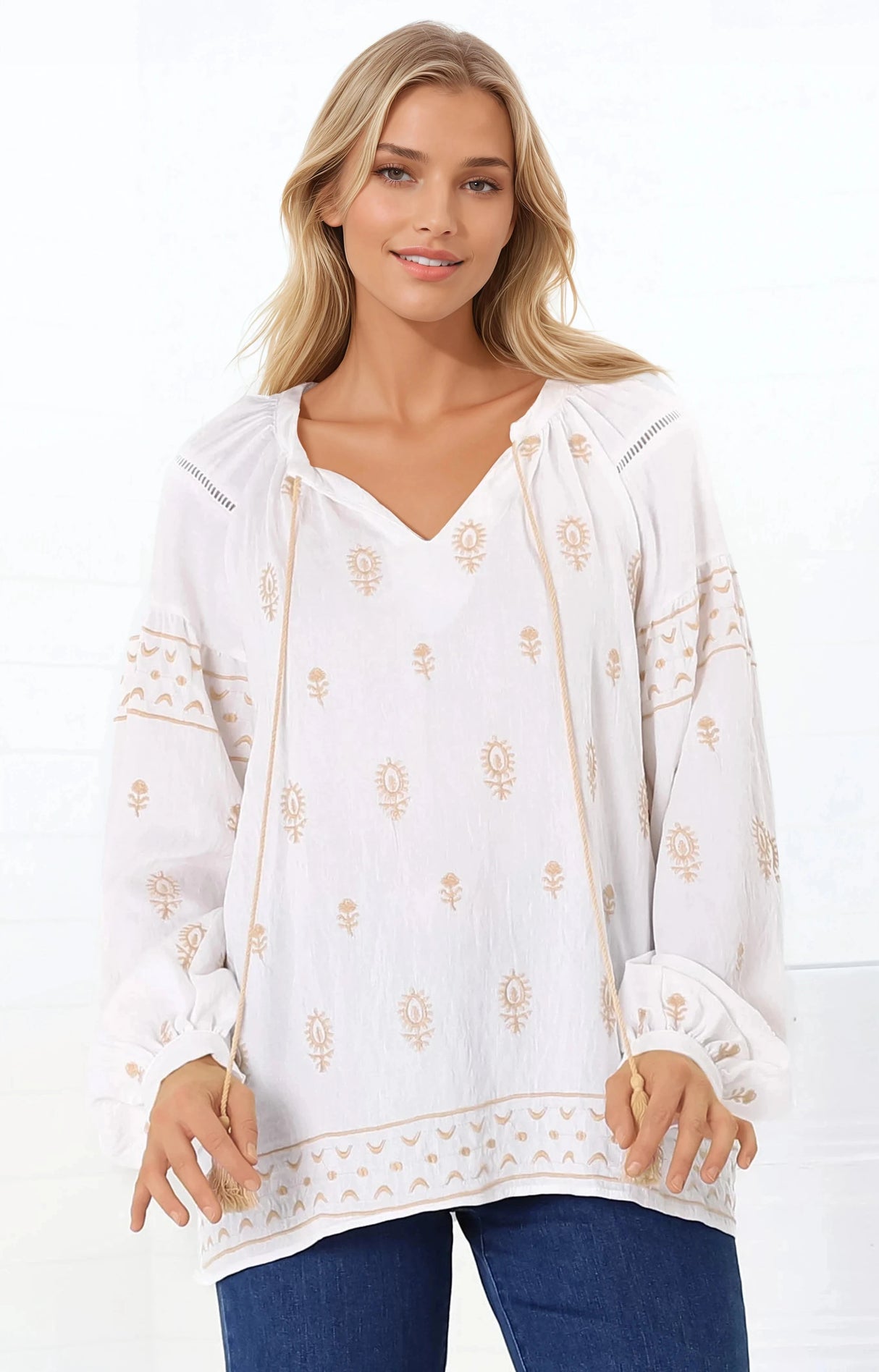 Wrenlow Blouse - Embroidery Mandarin Collar with Neck Tie Pull Over Blouse in White