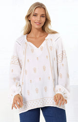 Wrenlow Blouse - Embroidery Mandarin Collar with Neck Tie Pull Over Blouse in White