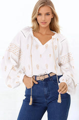 Wrenlow Blouse - Embroidery Mandarin Collar with Neck Tie Pull Over Blouse in White