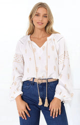 Wrenlow Blouse - Embroidery Mandarin Collar with Neck Tie Pull Over Blouse in White