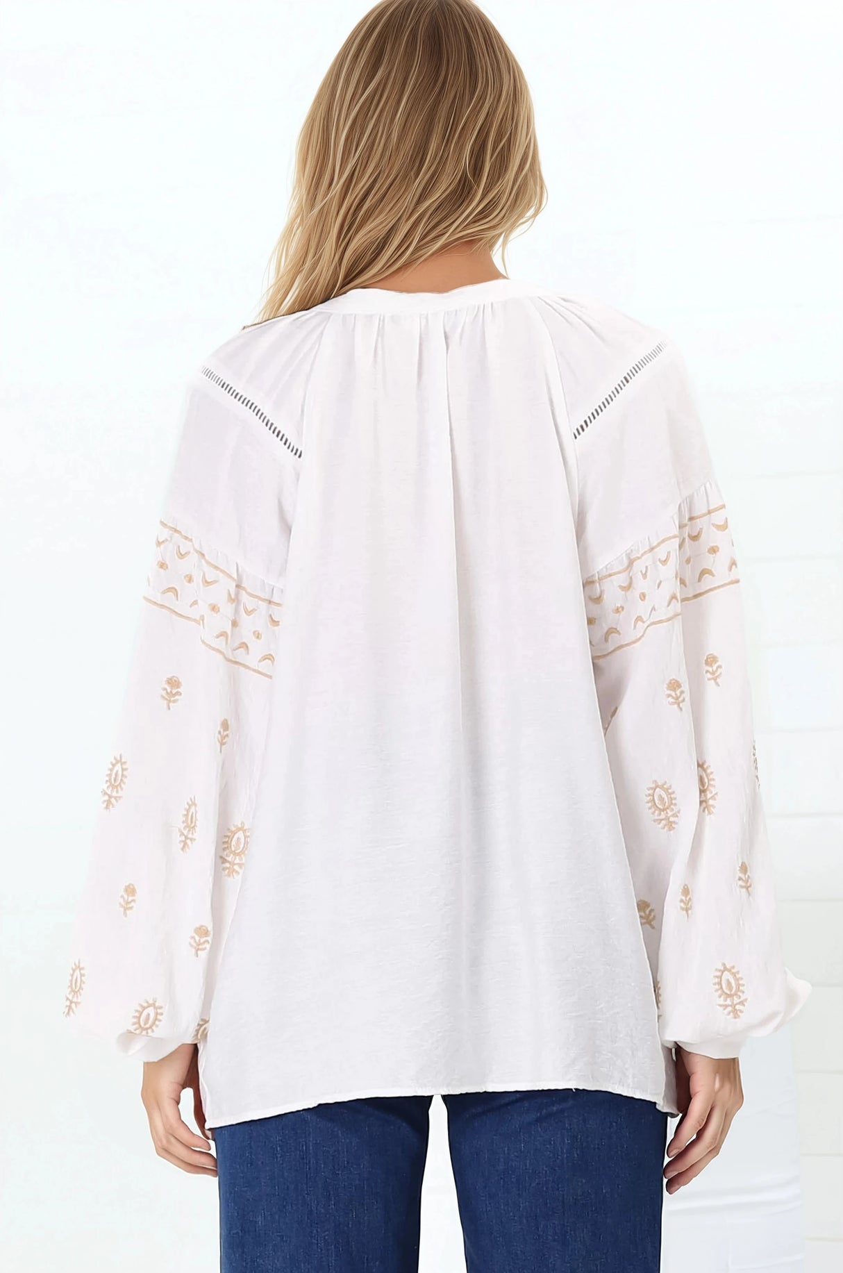 Wrenlow Blouse - Embroidery Mandarin Collar with Neck Tie Pull Over Blouse in White