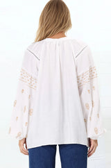 Wrenlow Blouse - Embroidery Mandarin Collar with Neck Tie Pull Over Blouse in White