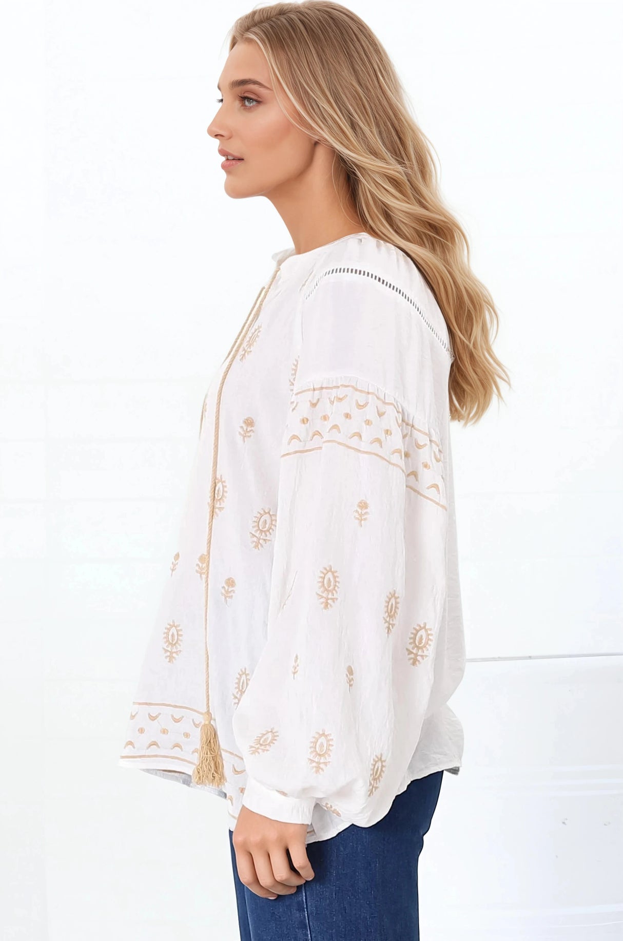 Wrenlow Blouse - Embroidery Mandarin Collar with Neck Tie Pull Over Blouse in White