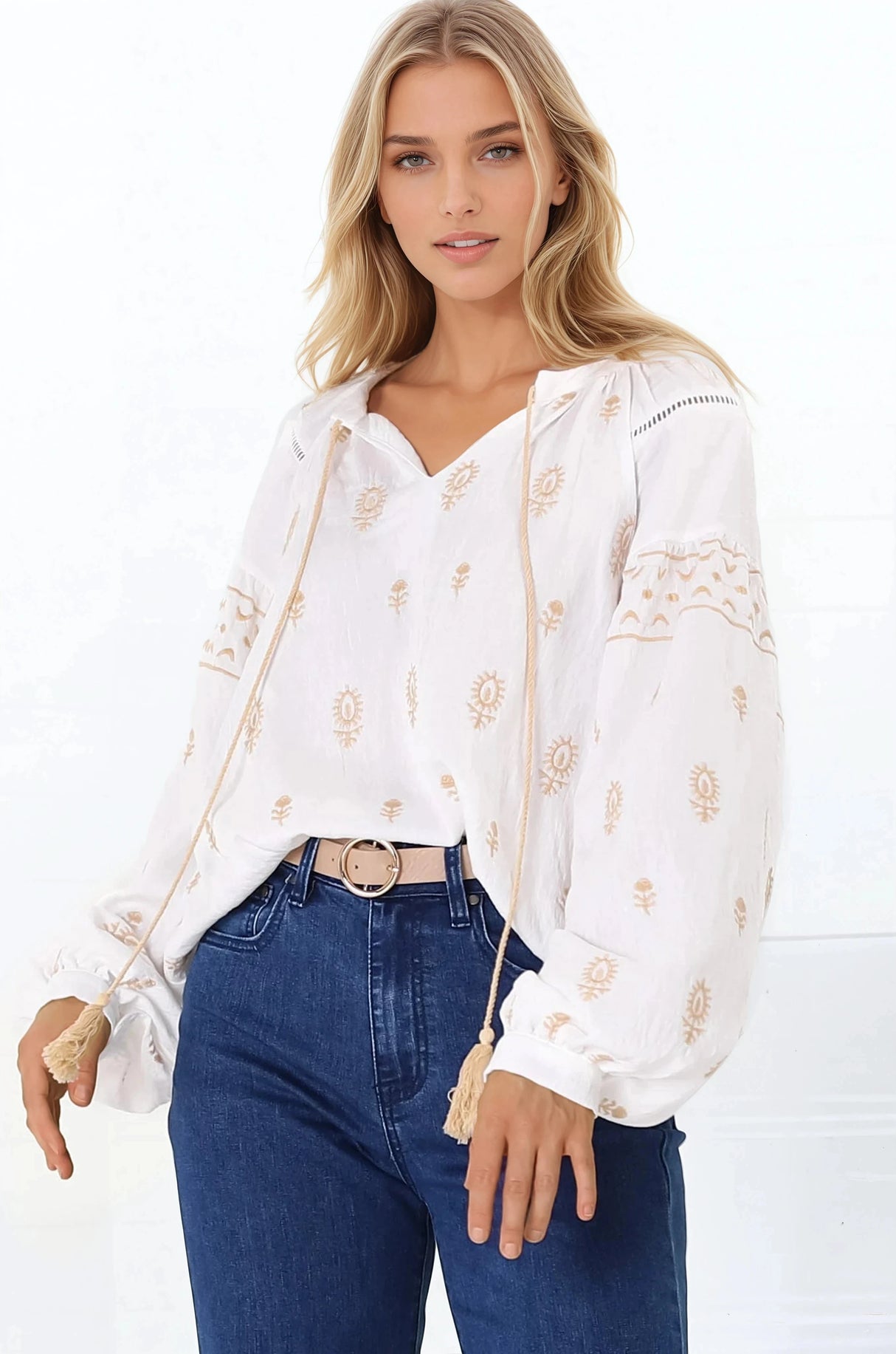 Wrenlow Blouse - Embroidery Mandarin Collar with Neck Tie Pull Over Blouse in White