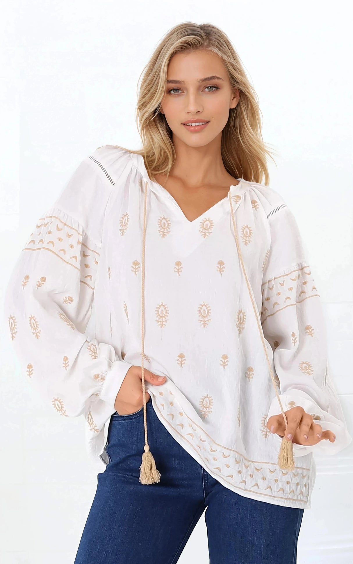 Wrenlow Blouse - Embroidery Mandarin Collar with Neck Tie Pull Over Blouse in White