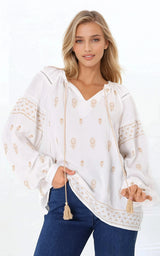 Wrenlow Blouse - Embroidery Mandarin Collar with Neck Tie Pull Over Blouse in White