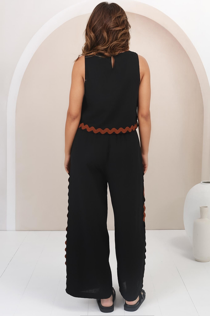 Bailie Linen Set - Boxy Top and Pant Set with Rick Rack Detailing in Black