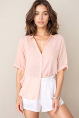 Shelly Shirt - Linen Collared Button Down Shirt in Pink