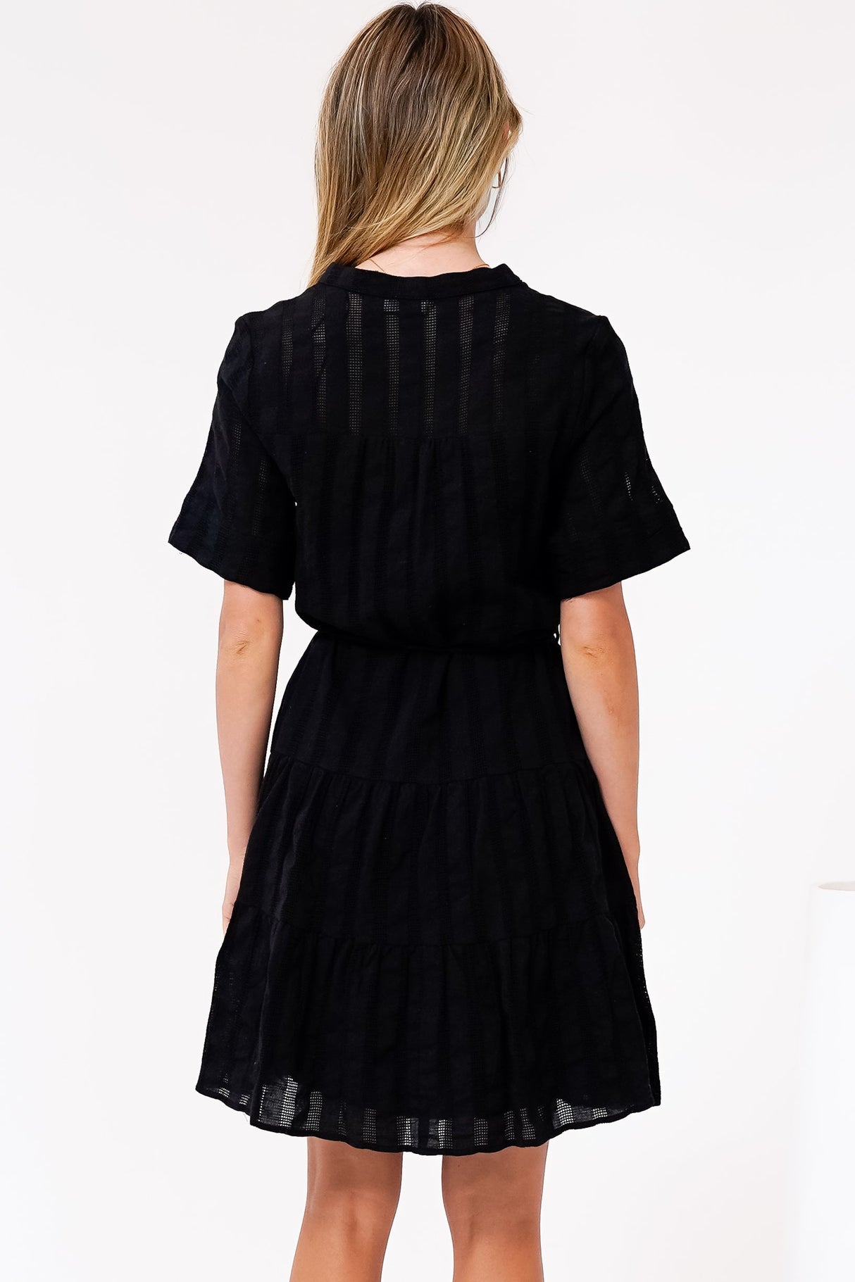 Wyanna Mini Dress - Mandarin Collar Button Down Tiered Dress with Waist Tie in Black