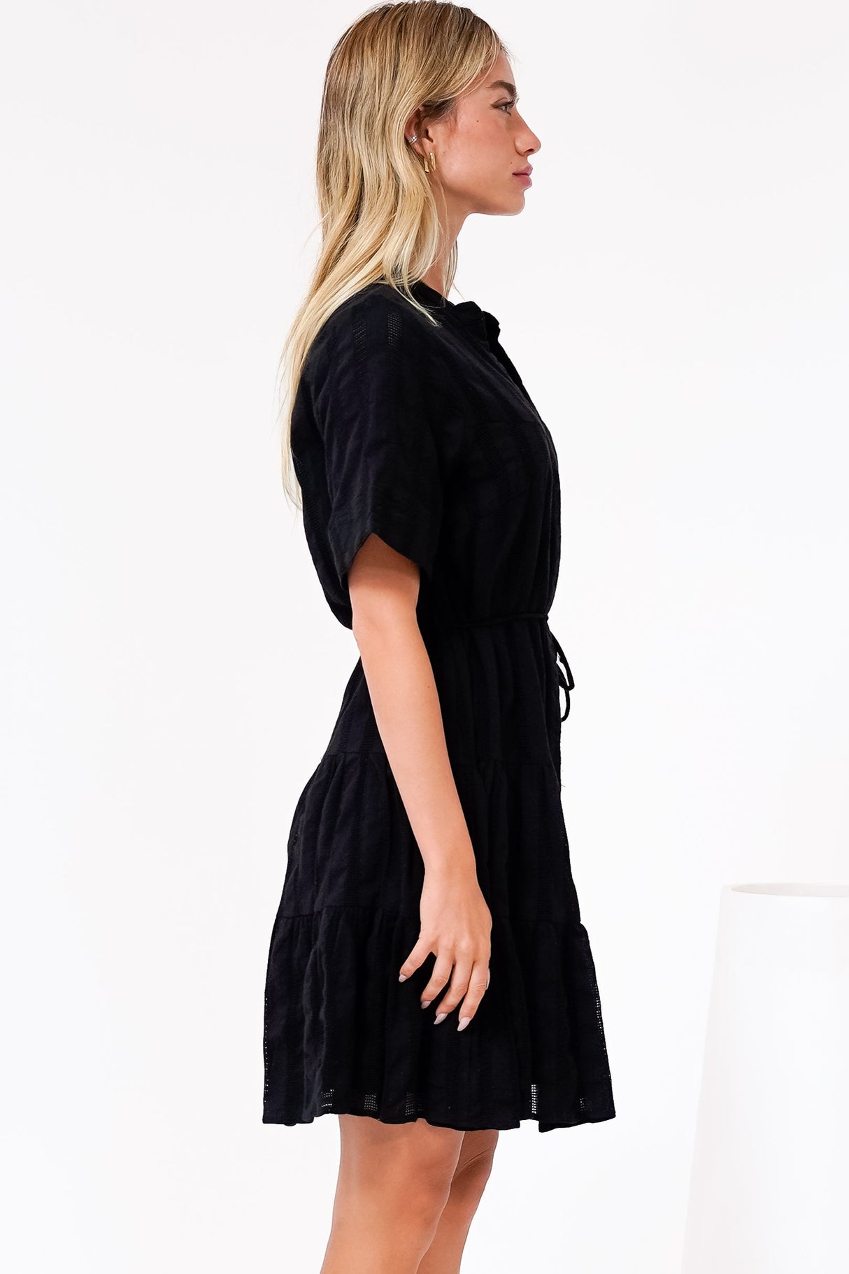 Wyanna Mini Dress - Mandarin Collar Button Down Tiered Dress with Waist Tie in Black