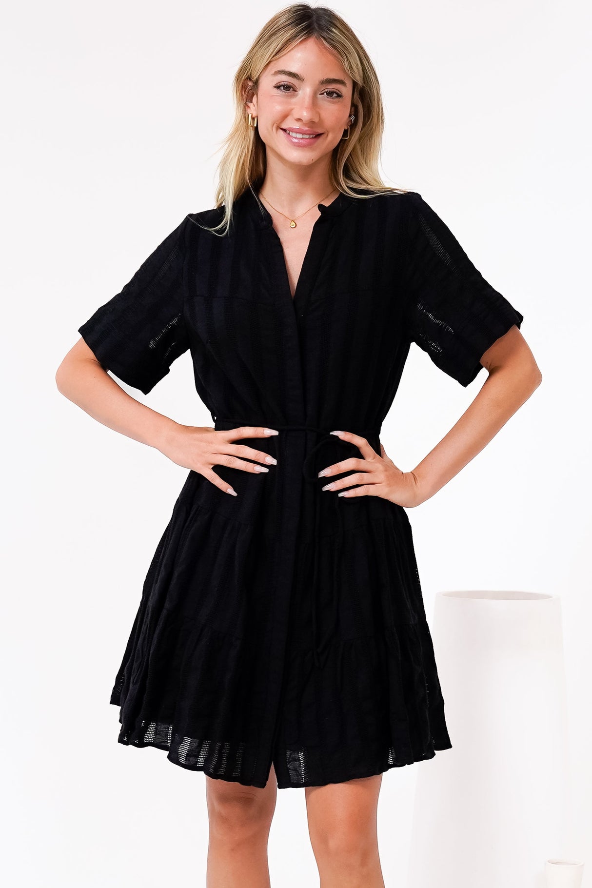 Wyanna Mini Dress - Mandarin Collar Button Down Tiered Dress with Waist Tie in Black