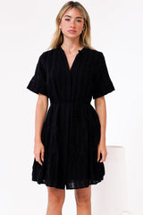 Wyanna Mini Dress - Mandarin Collar Button Down Tiered Dress with Waist Tie in Black