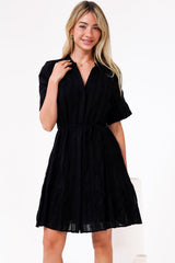Wyanna Mini Dress - Mandarin Collar Button Down Tiered Dress with Waist Tie in Black