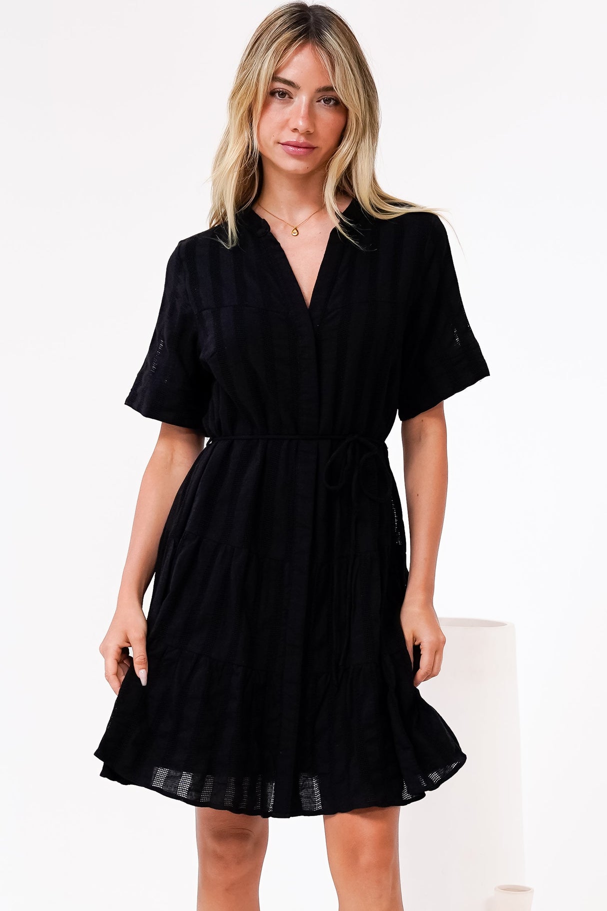 Wyanna Mini Dress - Mandarin Collar Button Down Tiered Dress with Waist Tie in Black