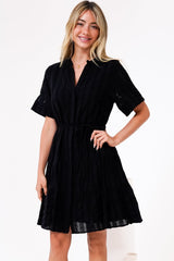 Wyanna Mini Dress - Mandarin Collar Button Down Tiered Dress with Waist Tie in Black