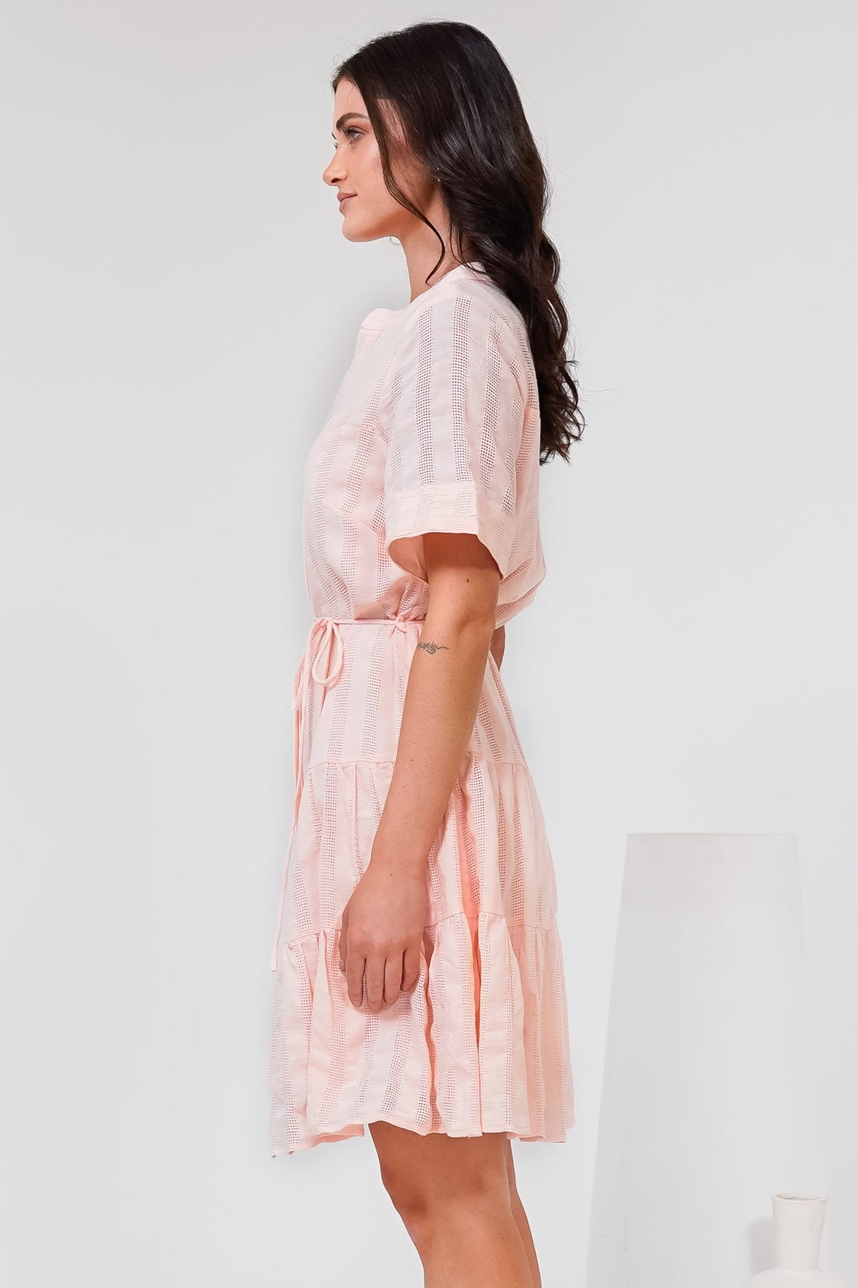 Wyanna Mini Dress - Mandarin Collar Button Down Tiered Dress with Waist Tie in Peach
