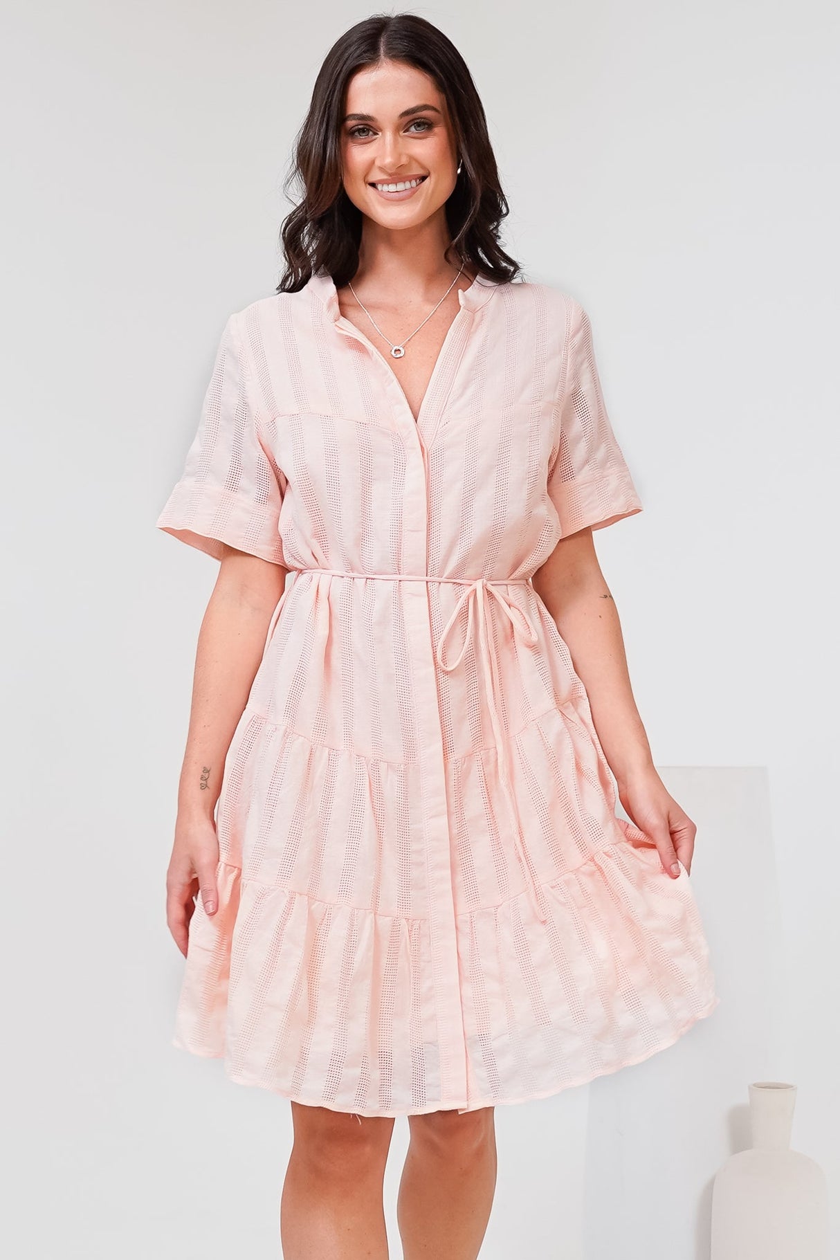 Wyanna Mini Dress - Mandarin Collar Button Down Tiered Dress with Waist Tie in Peach