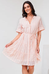 Wyanna Mini Dress - Mandarin Collar Button Down Tiered Dress with Waist Tie in Peach