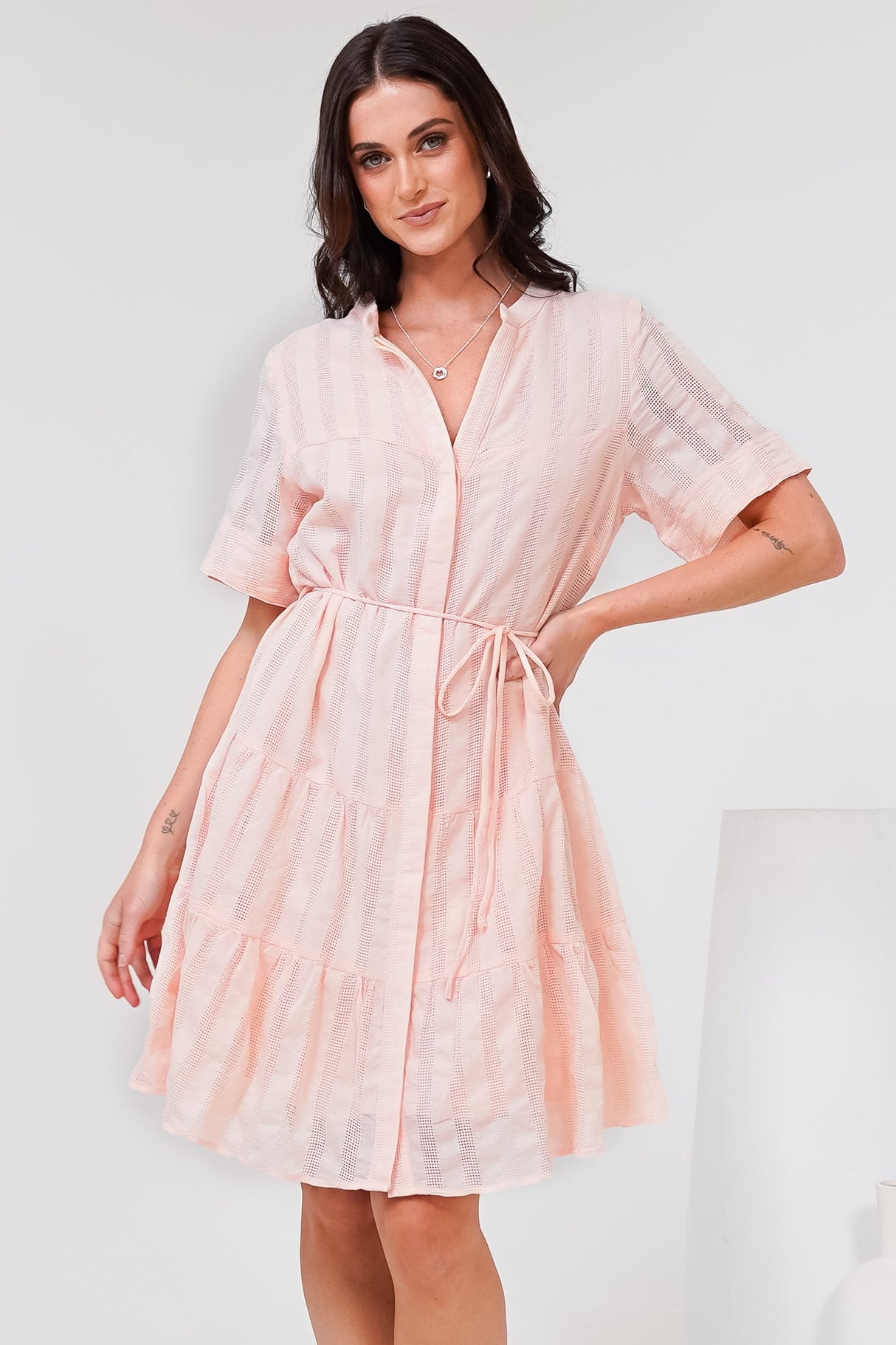 Wyanna Mini Dress - Mandarin Collar Button Down Tiered Dress with Waist Tie in Peach