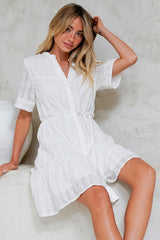 Wyanna Mini Dress - Mandarin Collar Button Down Tiered Dress with Waist Tie in White