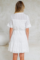 Wyanna Mini Dress - Mandarin Collar Button Down Tiered Dress with Waist Tie in White