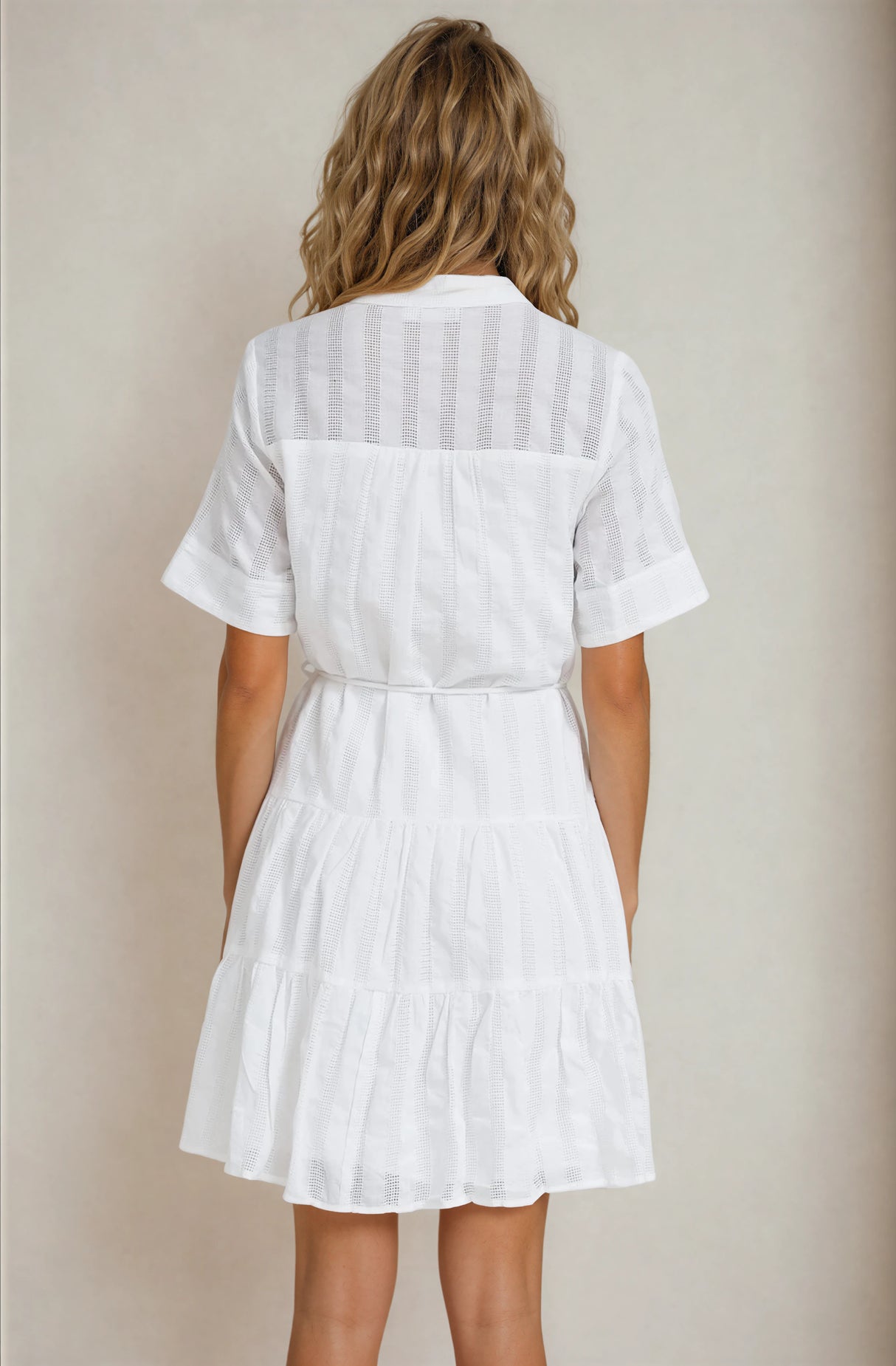 Wyanna Mini Dress - Mandarin Collar Button Down Tiered Dress with Waist Tie in White