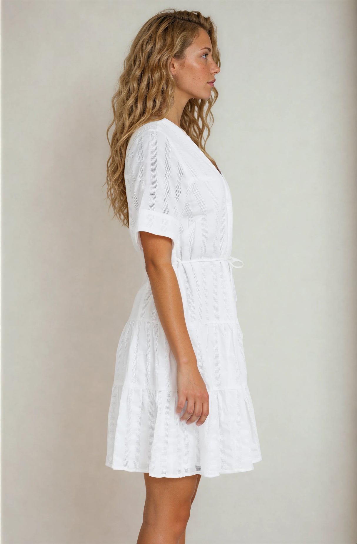 Wyanna Mini Dress - Mandarin Collar Button Down Tiered Dress with Waist Tie in White