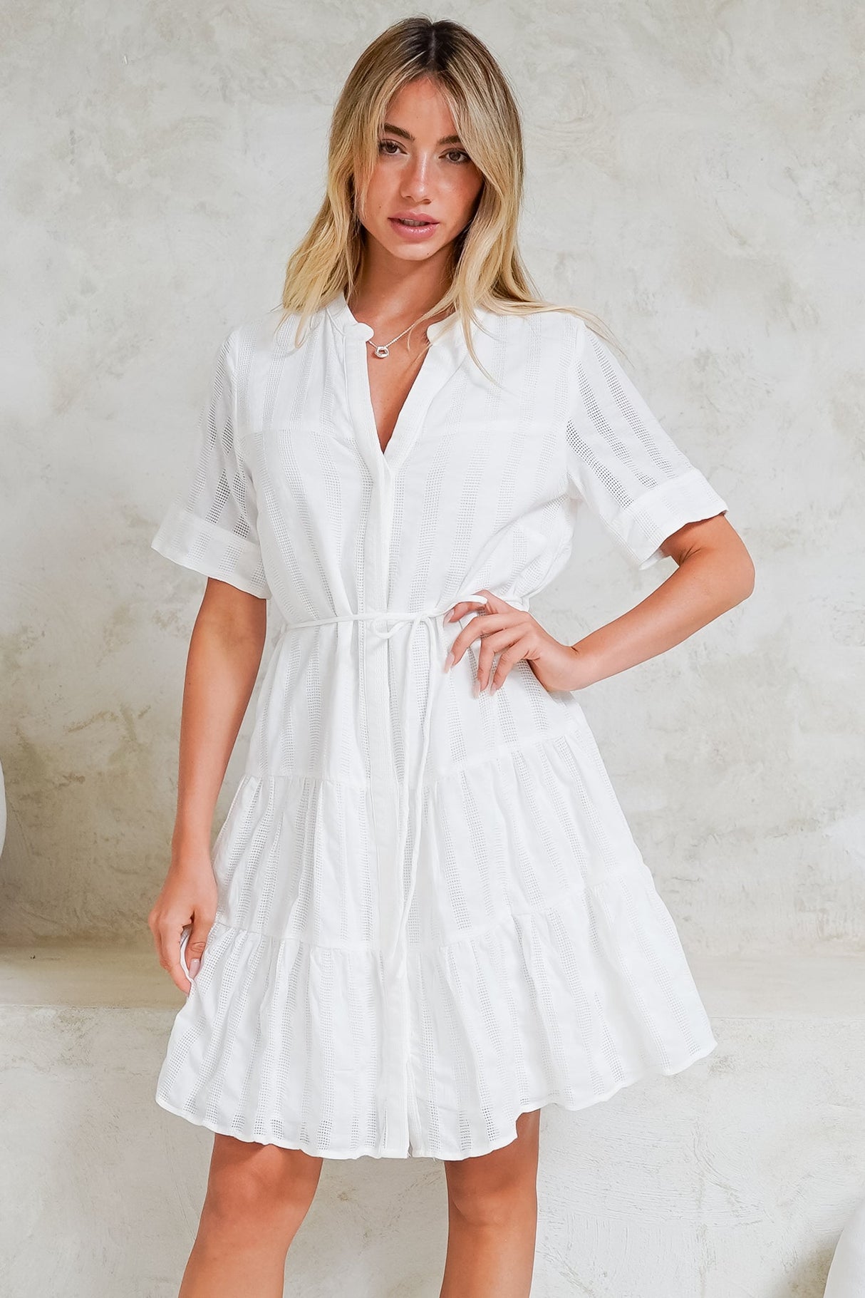 Wyanna Mini Dress - Mandarin Collar Button Down Tiered Dress with Waist Tie in White