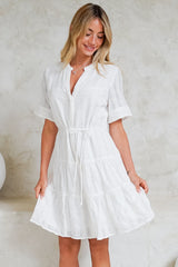 Wyanna Mini Dress - Mandarin Collar Button Down Tiered Dress with Waist Tie in White