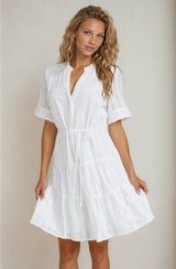 Wyanna Mini Dress - Mandarin Collar Button Down Tiered Dress with Waist Tie in White