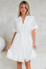 Wyanna Mini Dress - Mandarin Collar Button Down Tiered Dress with Waist Tie in White