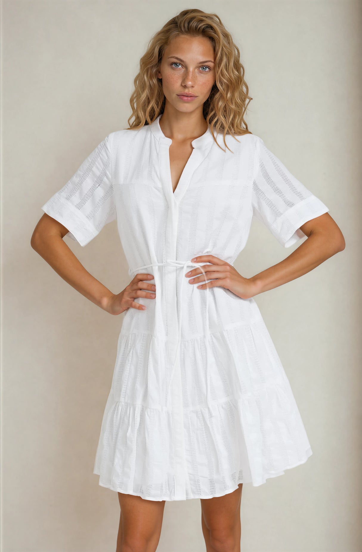 Wyanna Mini Dress - Mandarin Collar Button Down Tiered Dress with Waist Tie in White