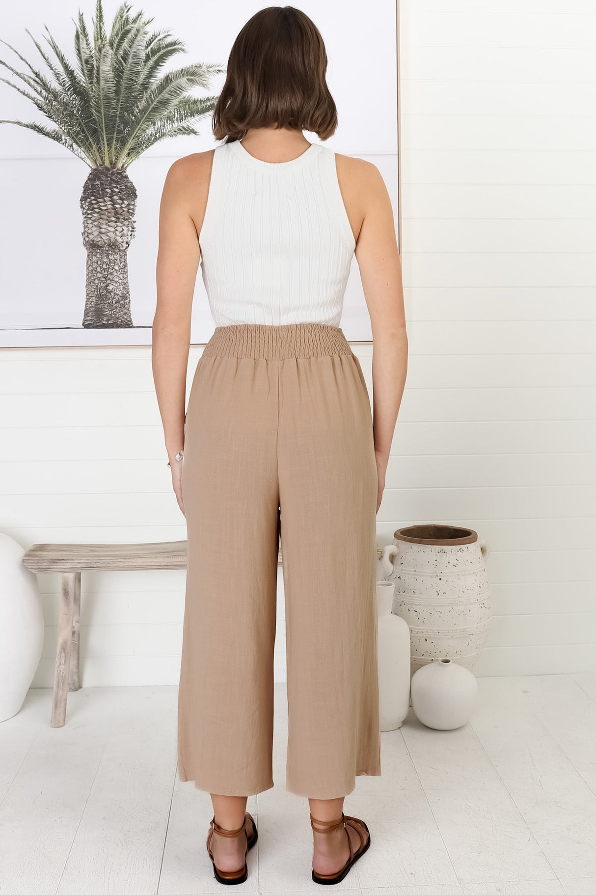 Wyatt Pants - Linen Blend 3/4 Cropped Pants with Pockets in Dark Beige