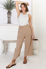 Wyatt Pants - Linen Blend 3/4 Cropped Pants with Pockets in Dark Beige