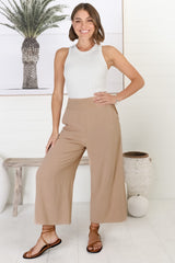 Wyatt Pants - Linen Blend 3/4 Cropped Pants with Pockets in Dark Beige