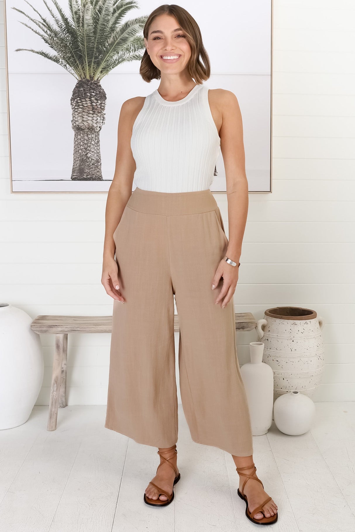 Wyatt Pants - Linen Blend 3/4 Cropped Pants with Pockets in Dark Beige