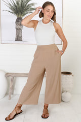 Wyatt Pants - Linen Blend 3/4 Cropped Pants with Pockets in Dark Beige