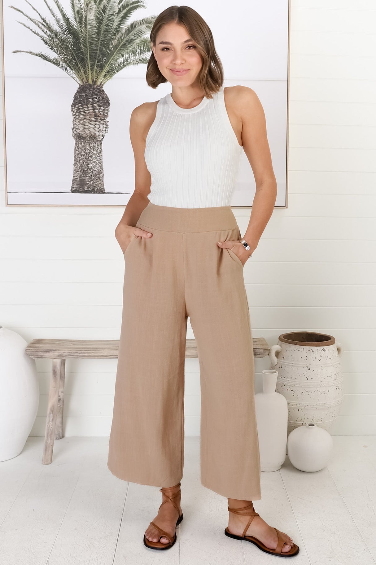 Wyatt Pants - Linen Blend 3/4 Cropped Pants with Pockets in Dark Beige