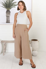 Wyatt Pants - Linen Blend 3/4 Cropped Pants with Pockets in Dark Beige