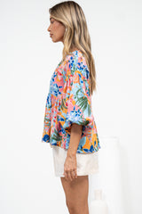 Wynter Top - Soft V Neck Peplum Top with Balloon Sleeves in Angelitta Print