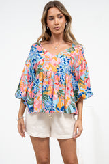 Wynter Top - Soft V Neck Peplum Top with Balloon Sleeves in Angelitta Print